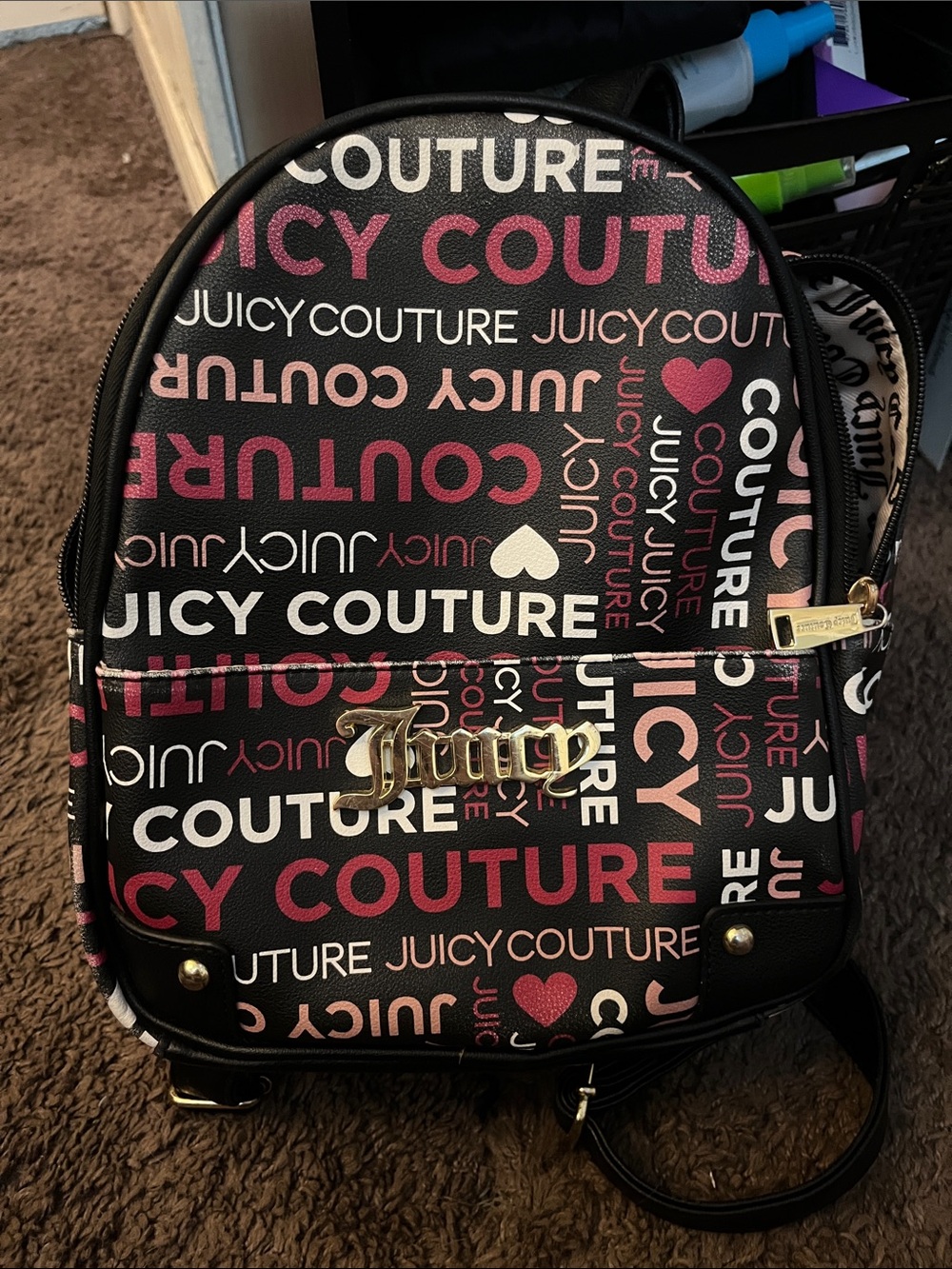 Juicy Couture Black Mini Backpack with Pink & White Logo Print
